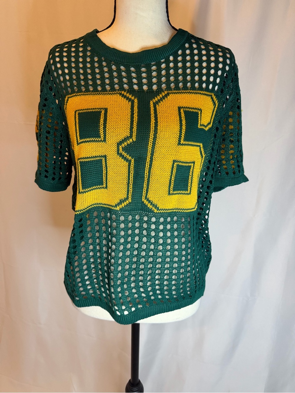 Green Knit Mesh Jersey Top with Yellow '86' Graphic